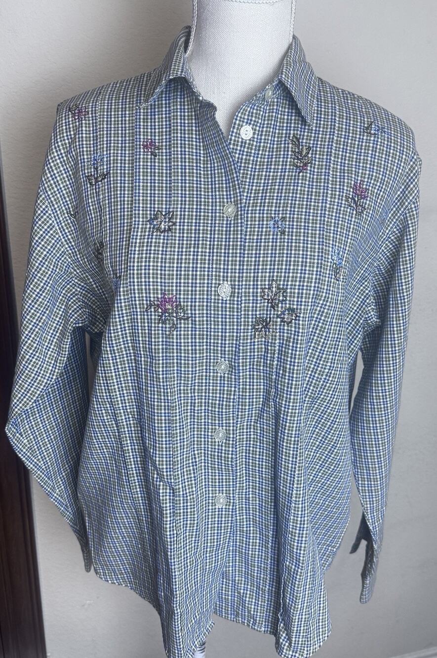 Napa Valley Plaid Button Up Shirt Embroidered VTG Fall Leaves Cottagecore M